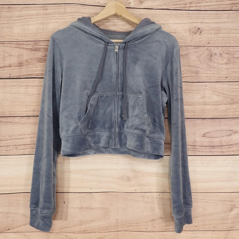 Hollister Hoodie M Blue Velour Full Zip Cropped Hooded Pockets